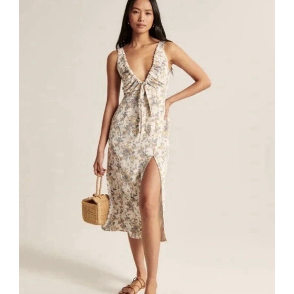 Abercrombie & Fitch White Blue Floral Cinched V-Neck Midi Sundress Womens sz L